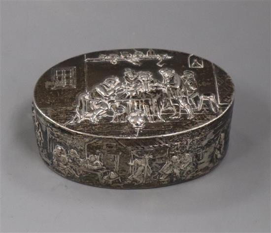 A late 19th century Hanau embossed white metal oval box with hinged cover, Georg Roth & Co,